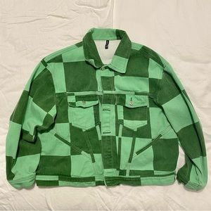 PrettyLittleThing Green Check Print Denim Jacket